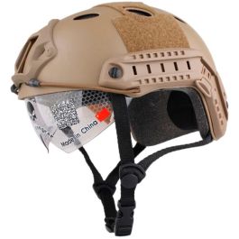 CASCO TÁCTICO CON PANTALLA Y RAÍLES LATERALES CON MONTURA FRONTAL COYOTE