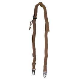 Correa portafusil 2 puntos ligera con mosquetones ambidiestra largo 105 cm ancho 2,5 cm coyote