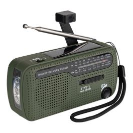 Radio de Supervivencia con Cuatro Bandas FM AM SW1 SW2 Energía Solar Dinamo y Pilas Linterna LED Verde
