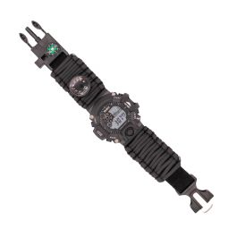 RELOJ DIGITAL DE SUPERVIVENCIA CON CORREA PARACORD DESMONTABLE BRÚJULA TERMÓMETRO SILBATO DE EMERGENCIA Y PEDERNAL CON CHISPA