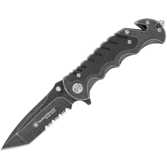 NAVAJA PLEGABLE BORDER GUARD HOJA PARCIALMENTE SERRADA 9 CM ACERO 7Cr17MoV CON ACABADO LAVADO EN PIEDRA CORTACINTURONES ROMPECRISTALES MANGO CON CACHAS DE G10 INCRUSTADAS EN ACERO BLOQUEO LINER LOCK CLIP PARA CINTURÓN