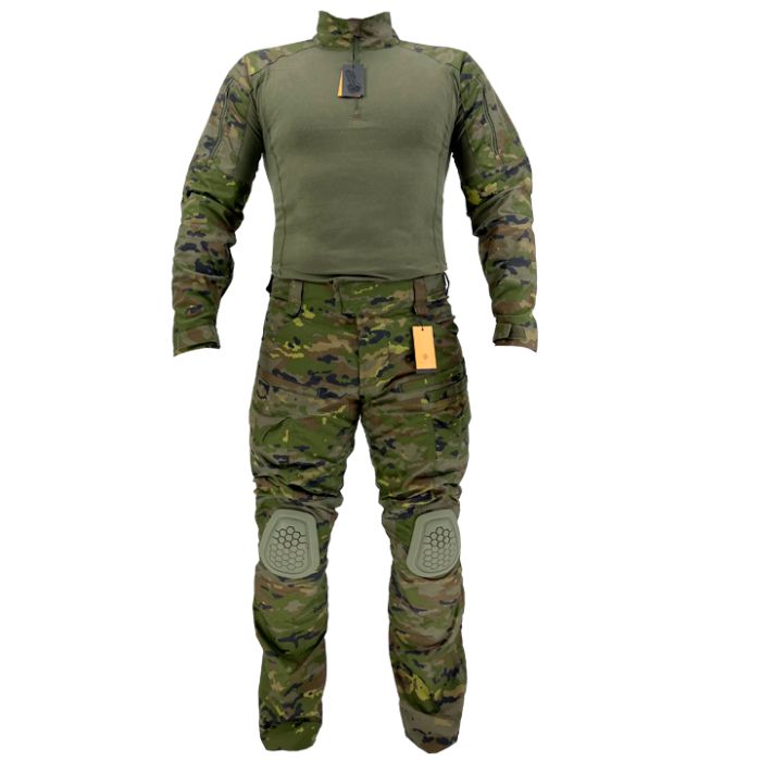 Uniforme de combate camisa táctica y pantalón Cordura Ripstop elástico con rodilleras integradas Pixelado Boscoso