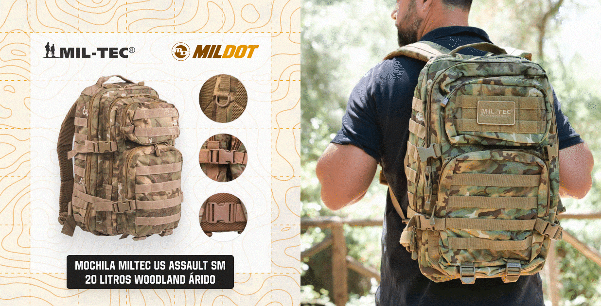 Mochila MILTEC US ASSAULT SM 20 Litros Woodland Árido