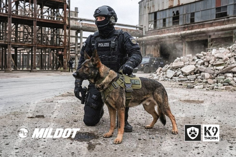 Agente de policía con equipamiento táctico junto a un perro K9 con arnés